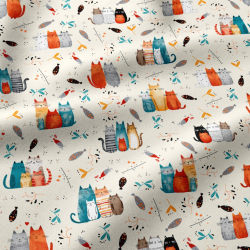 100% Baumwolle Katzen in türkis-rot auf ecrufarbenem Hintergrund