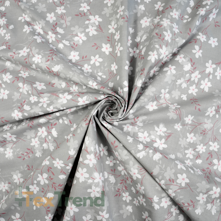 100% Baumwolle mit weißen Blumen auf grauem Hintergrund - 220 cm