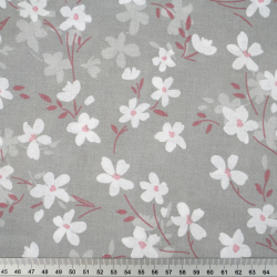 100% Baumwolle mit weißen Blumen auf grauem Hintergrund - 220 cm