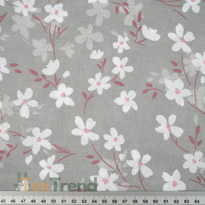 100% Baumwolle mit weißen Blumen auf grauem Hintergrund - 220 cm