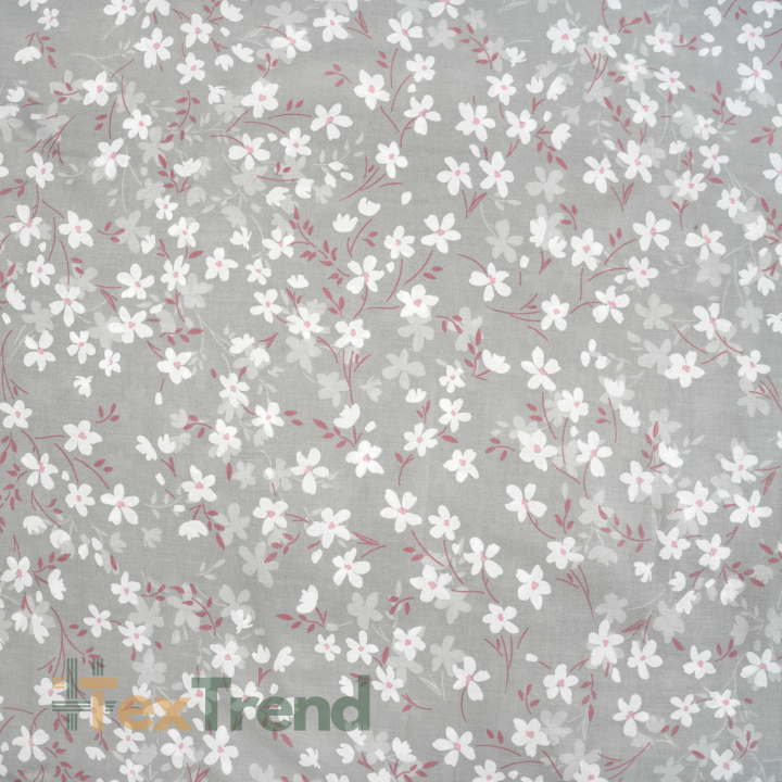 100% Baumwolle mit weißen Blumen auf grauem Hintergrund - 220 cm