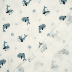 Doppelgaze bedruckt mit blauen Walen