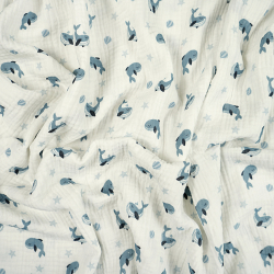 Doppelgaze bedruckt mit blauen Walen