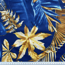 100% Baumwolle große gold-saphirfarbene Blätter auf saphirblauem Hintergrund