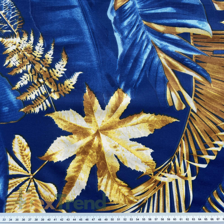 100% Baumwolle große gold-saphirfarbene Blätter auf saphirblauem Hintergrund