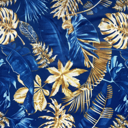 100% Baumwolle große gold-saphirfarbene Blätter auf saphirblauem Hintergrund