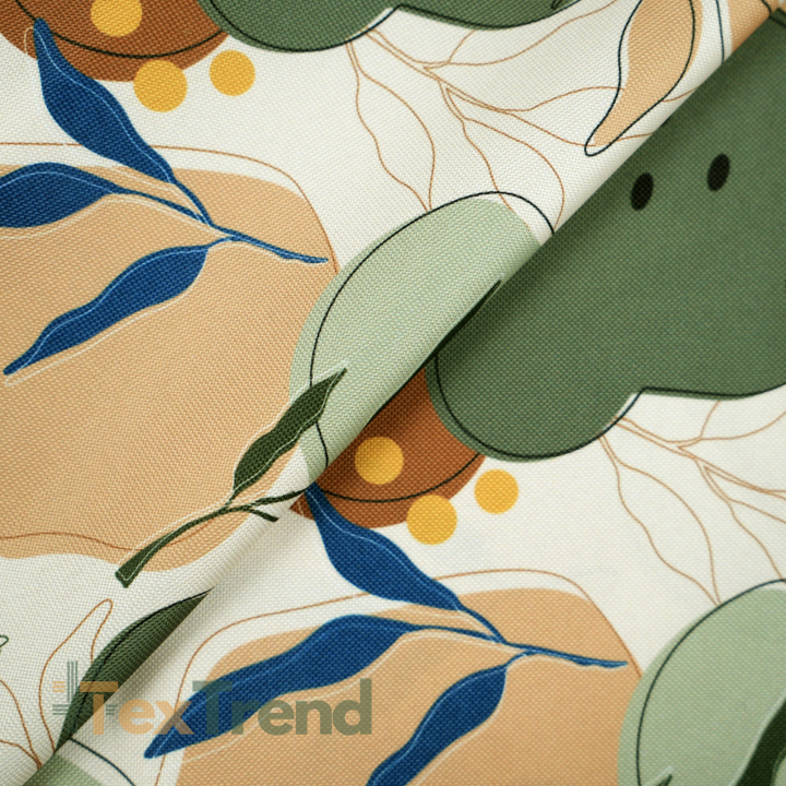 Wasserabweisender Codura-Stoff - Grün-beige Blätter auf ecrufarbenem Hintergrund