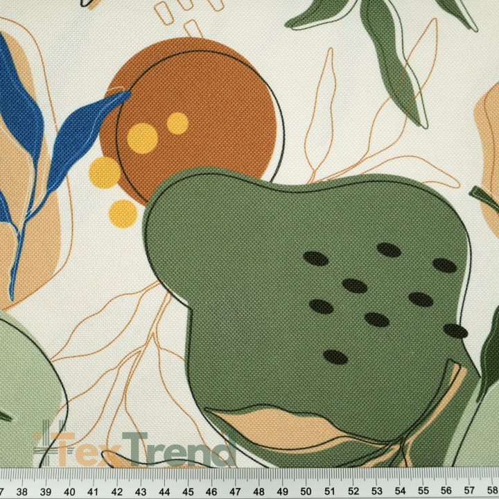 Wasserabweisender Codura-Stoff - Grün-beige Blätter auf ecrufarbenem Hintergrund