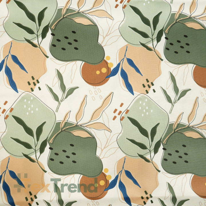 Wasserabweisender Codura-Stoff - Grün-beige Blätter auf ecrufarbenem Hintergrund