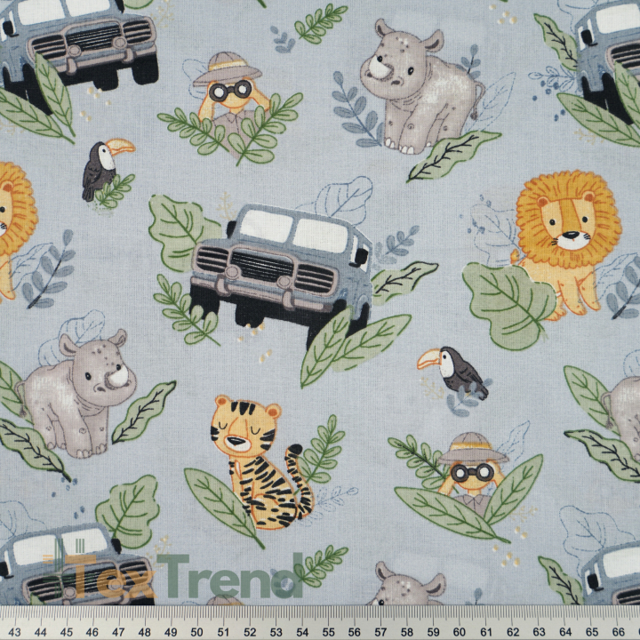 100% Baumwolle afrikanische Tiere Safari auf grauem Hintergrund