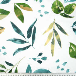 100% Baumwolle grüne smaragdgrüne Blätter auf weißem Hintergrund - 220 cm