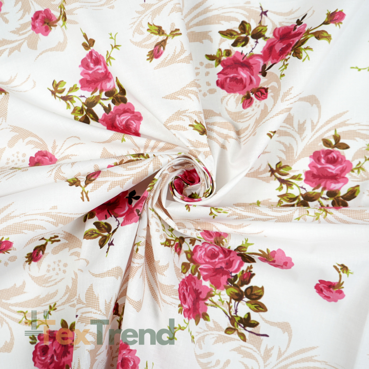 100% Baumwolle Blumen Rosen Rosa mit Ornament auf weißem Hintergrund - 220 cm