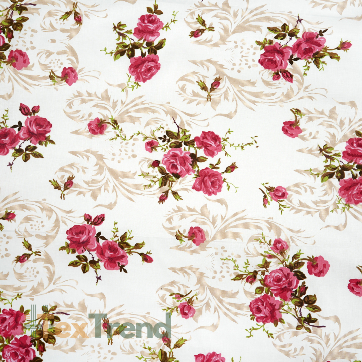 100% Baumwolle Blumen Rosen Rosa mit Ornament auf weißem Hintergrund - 220 cm