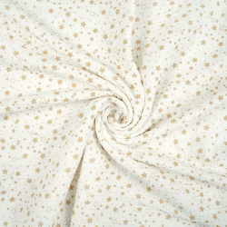 Bedruckter Double Gauze Musselin mit beigen Sternen auf weißem Hintergrund