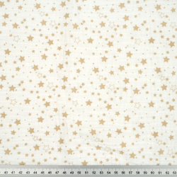Bedruckter Double Gauze Musselin mit beigen Sternen auf weißem Hintergrund