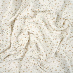 Bedruckter Double Gauze Musselin mit beigen Sternen auf weißem Hintergrund