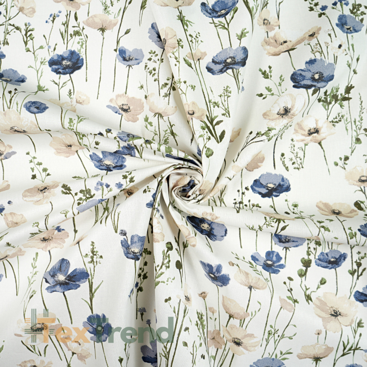 100% Baumwolle Mohnblumen in Blau-Beige auf Ecru-Hintergrund