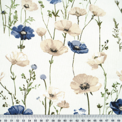 100% Baumwolle Mohnblumen in Blau-Beige auf Ecru-Hintergrund