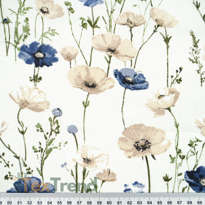 100% Baumwolle Mohnblumen in Blau-Beige auf Ecru-Hintergrund