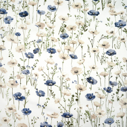 100% Baumwolle Mohnblumen in Blau-Beige auf Ecru-Hintergrund