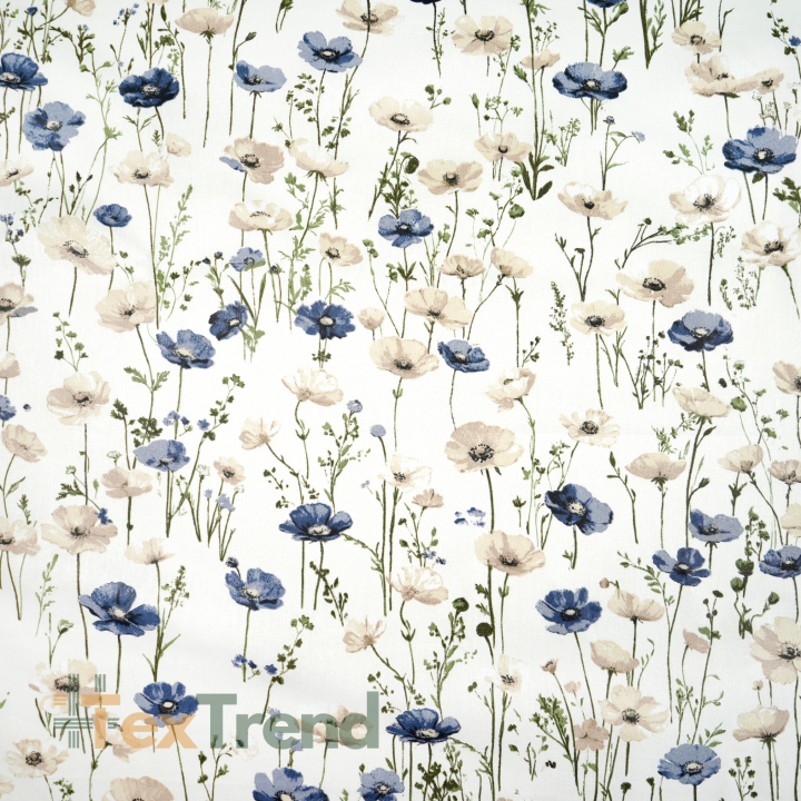 100% Baumwolle Mohnblumen in Blau-Beige auf Ecru-Hintergrund