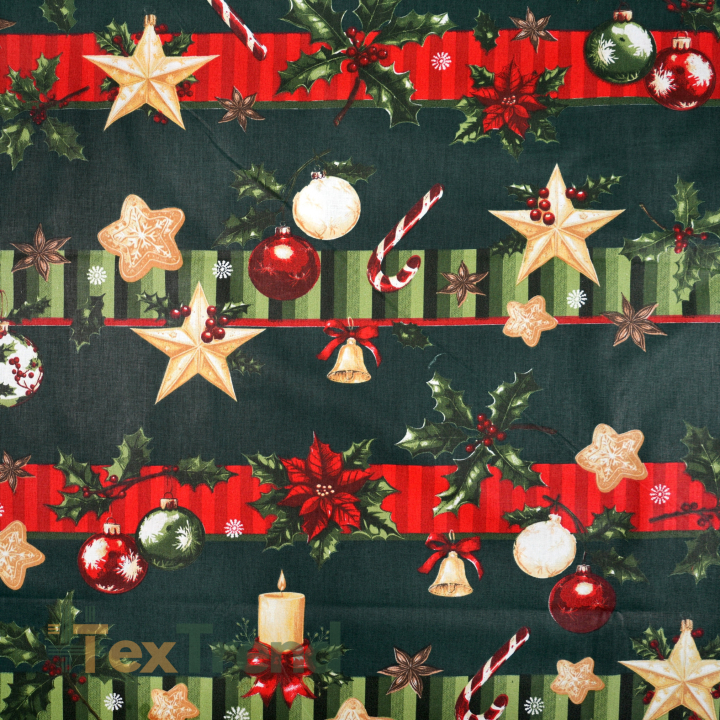 100% Baumwolle mit weihnachtlichen Streifen auf grünem Hintergrund