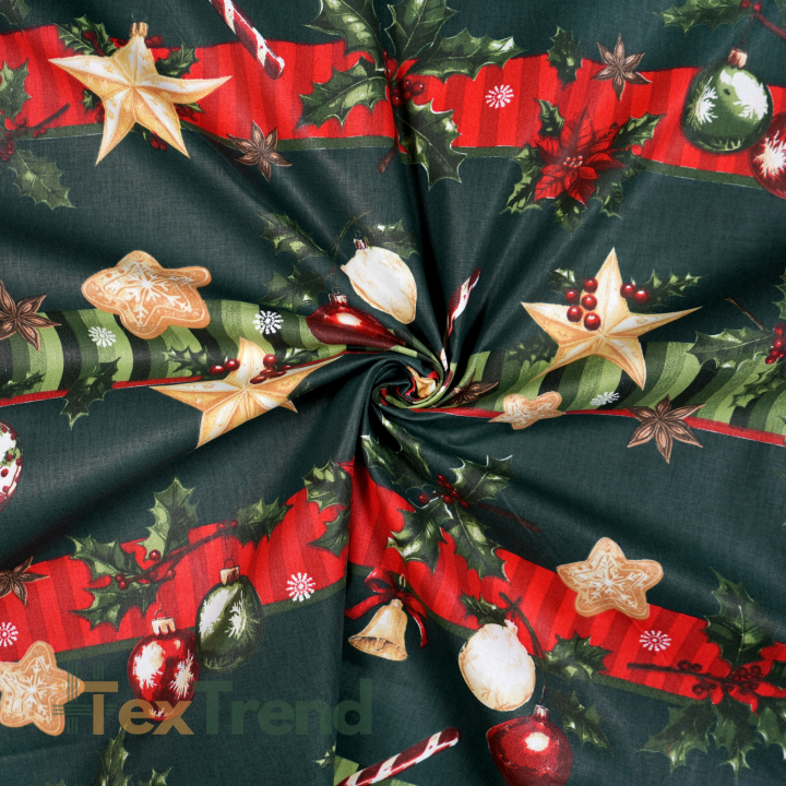 100% Baumwolle mit weihnachtlichen Streifen auf grünem Hintergrund