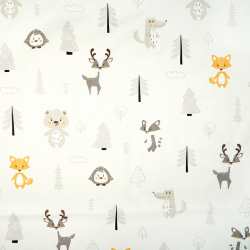 100% Baumwolle mit Tieren und Bäumen auf ecrufarbenem Hintergrund