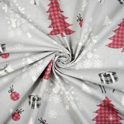 100% Baumwolle Weihnachtsrehe mit burgunderfarbenen Tannenbäumen auf grauem Hintergrund