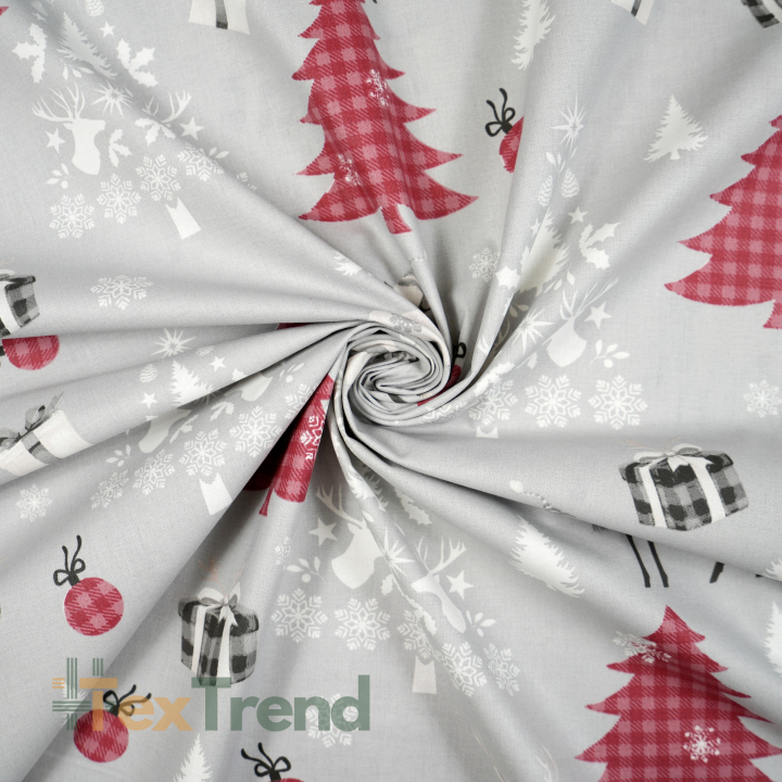 100% Baumwolle Weihnachtsrehe mit burgunderfarbenen Tannenbäumen auf grauem Hintergrund