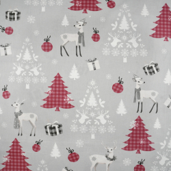 100% Baumwolle Weihnachtsrehe mit burgunderfarbenen Tannenbäumen auf grauem Hintergrund