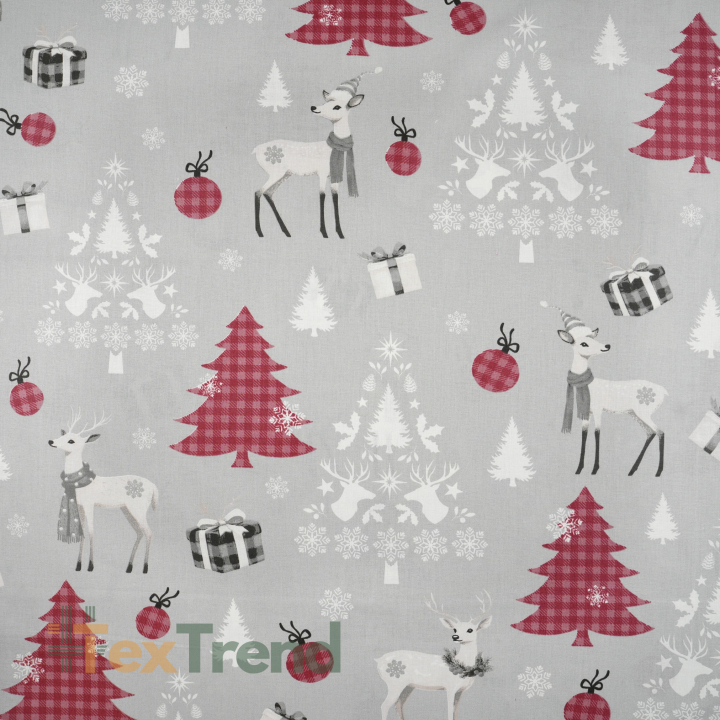 100% Baumwolle Weihnachtsrehe mit burgunderfarbenen Tannenbäumen auf grauem Hintergrund