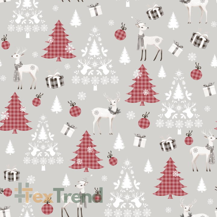 100% Baumwolle Weihnachtsrehe mit burgunderfarbenen Tannenbäumen auf grauem Hintergrund