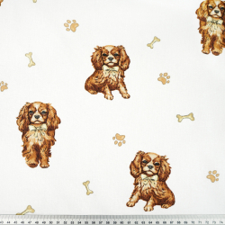 100% Baumwolle mit Spaniel-Hunden und Schleife auf weißem Hintergrund