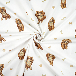 100% Baumwolle mit Spaniel-Hunden und Schleife auf weißem Hintergrund