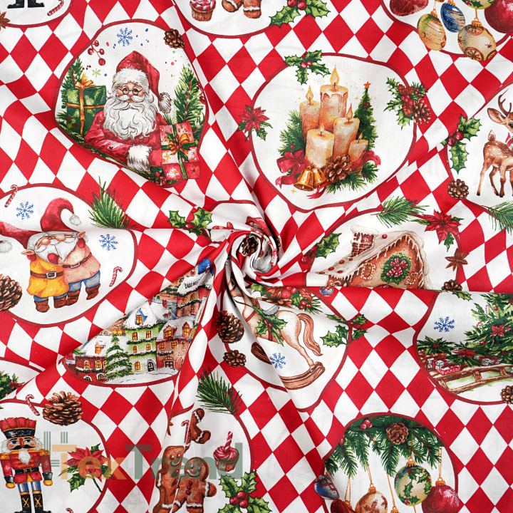 100% Baumwolle rote Rauten und Weihnachtsbilder