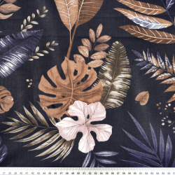 100% Baumwolle mit beige-blauen Blättern auf dunkelblauem Hintergrund