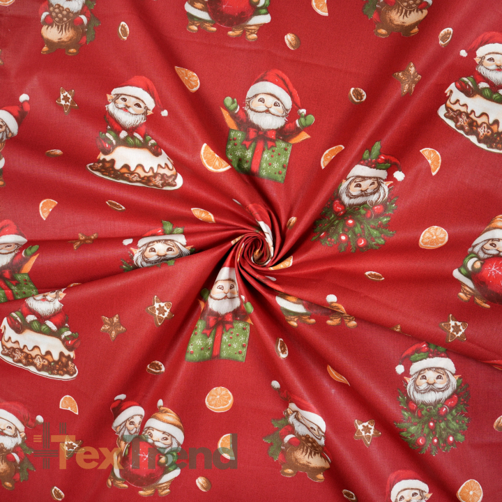100% Baumwolle Weihnachtsmuster Gnome mit Lebkuchen auf rotem Hintergrund