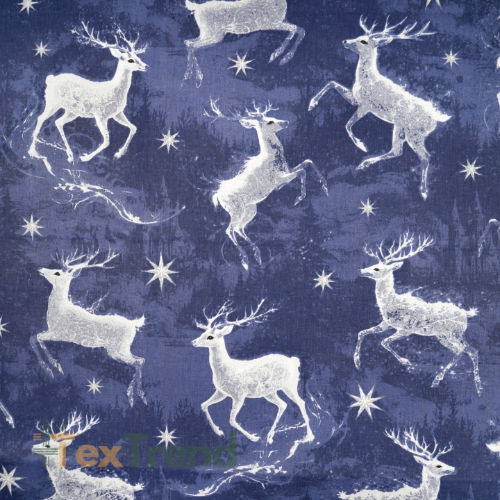 100% Baumwolle mit Weihnachtsmotiv magische Rehe auf dunkelblauem Hintergrund