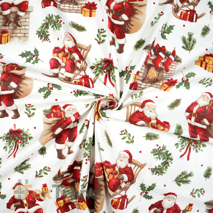 100% Baumwolle Weihnachtsmuster Weihnachtsmann mit Geschenken und Stechpalme