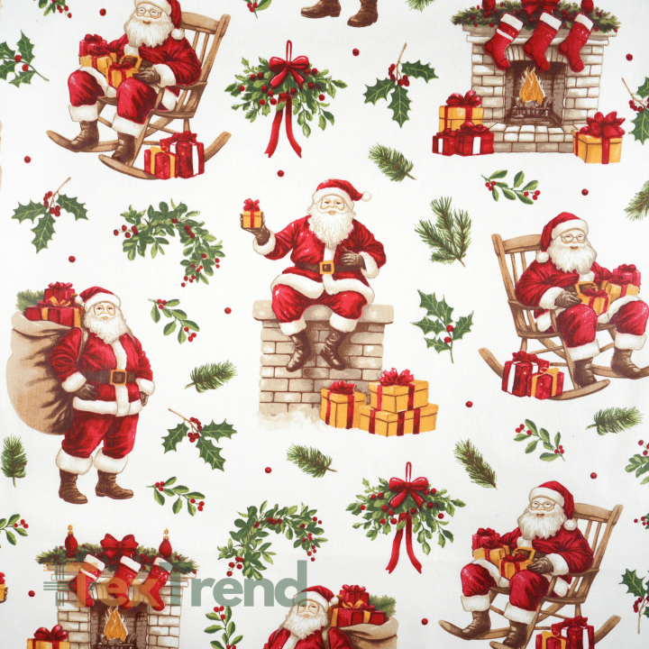 100% Baumwolle Weihnachtsmuster Weihnachtsmann mit Geschenken und Stechpalme