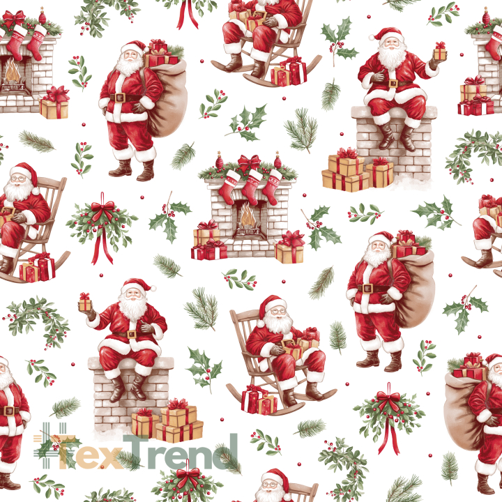 100% Baumwolle Weihnachtsmuster Weihnachtsmann mit Geschenken und Stechpalme