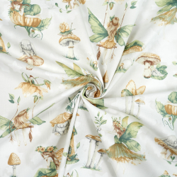 100% Baumwolle Elfenmuster grün auf Schaukeln auf hellgrauem Hintergrund