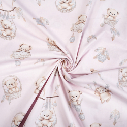 100% Baumwolle mit Bären in Körben auf rosa Hintergrund