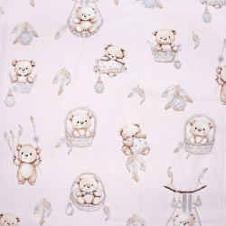 100% Baumwolle mit Bären in Körben auf rosa Hintergrund