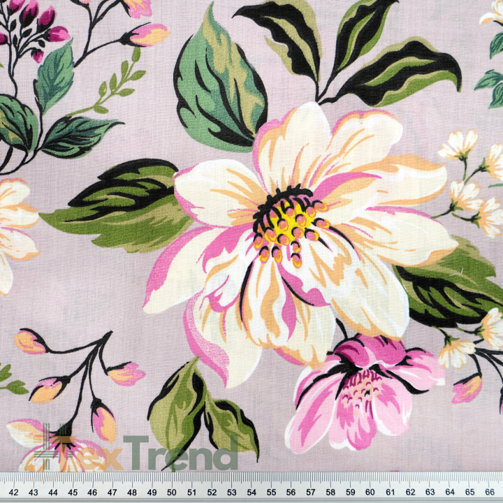 100% Baumwolle Magnolienblüten bunt auf schmutzig rosa Hintergrund - 220cm