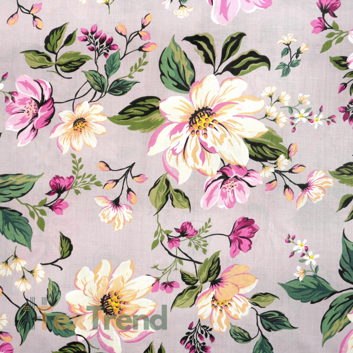 100% Baumwolle Magnolienblüten bunt auf schmutzig rosa Hintergrund - 220cm