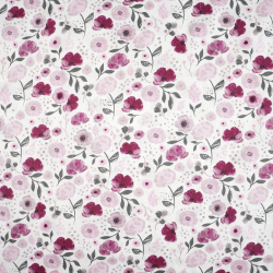 100% Baumwolle mit blassrot-rosafarbenen Blumen auf weißem Hintergrund