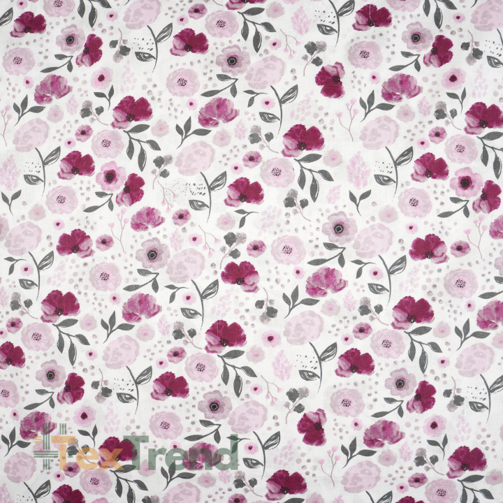 100% Baumwolle mit blassrot-rosafarbenen Blumen auf weißem Hintergrund