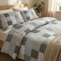 100 % Baumwolle Patchwork Blumen grau-blau